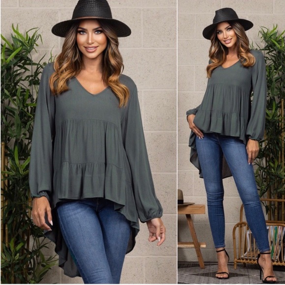 USA made dusty teal green women’s hi low tunic fall lightweight cute top - Picture 3 of 4